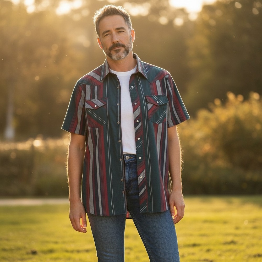 Wrangler Western Shirt Mens Large Green Burgundy Striped Short Sleeve Pearl Snap